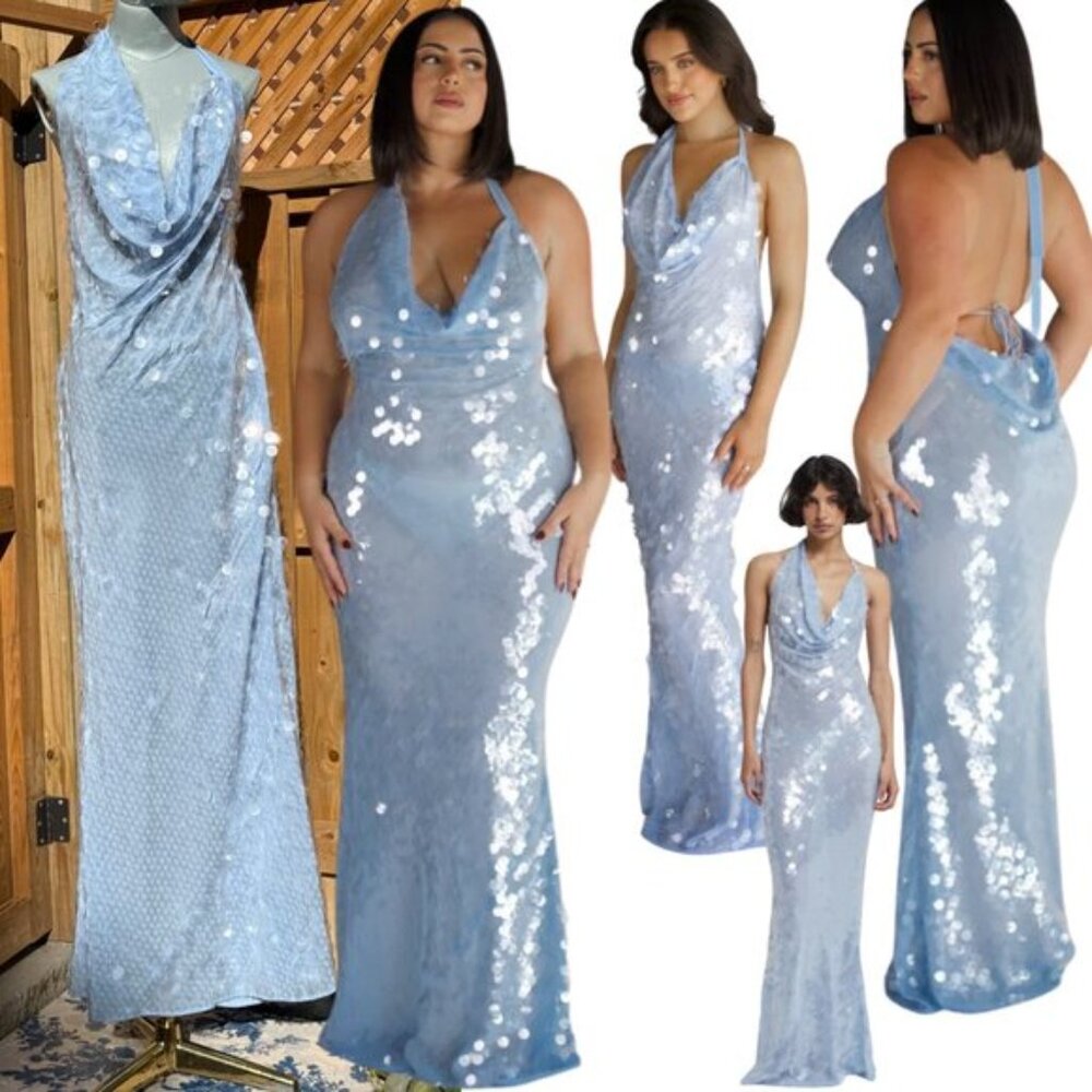 🆕 RAT & BOA 🧿 NWOT Pale Blue Anais Dress, Glistening Paillettes, Sz XXL